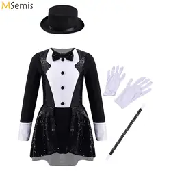 Teen Magician Costume Set Long Sleeve Bow Tie Sequin Leotard + Hat Magic Wand Gloves for Halloween Cosplay Dress Up Performance