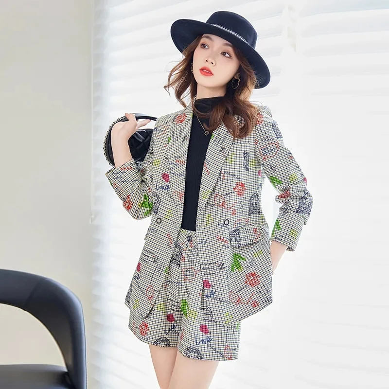 Personalized Plaid Suit,Two-piece Sets,Women\'s Clothes,2024 New,Spring Autumn Blazer Casual Print Jackets Coats,Office Lady Tops