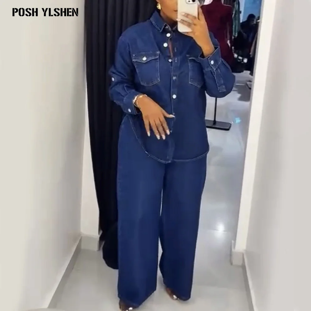 Cowboy Two 2 Piece Pant Sets Women Outfit Winter Clothes African Dresses for Women 2026 New Matching Set Dames Africa Clothing