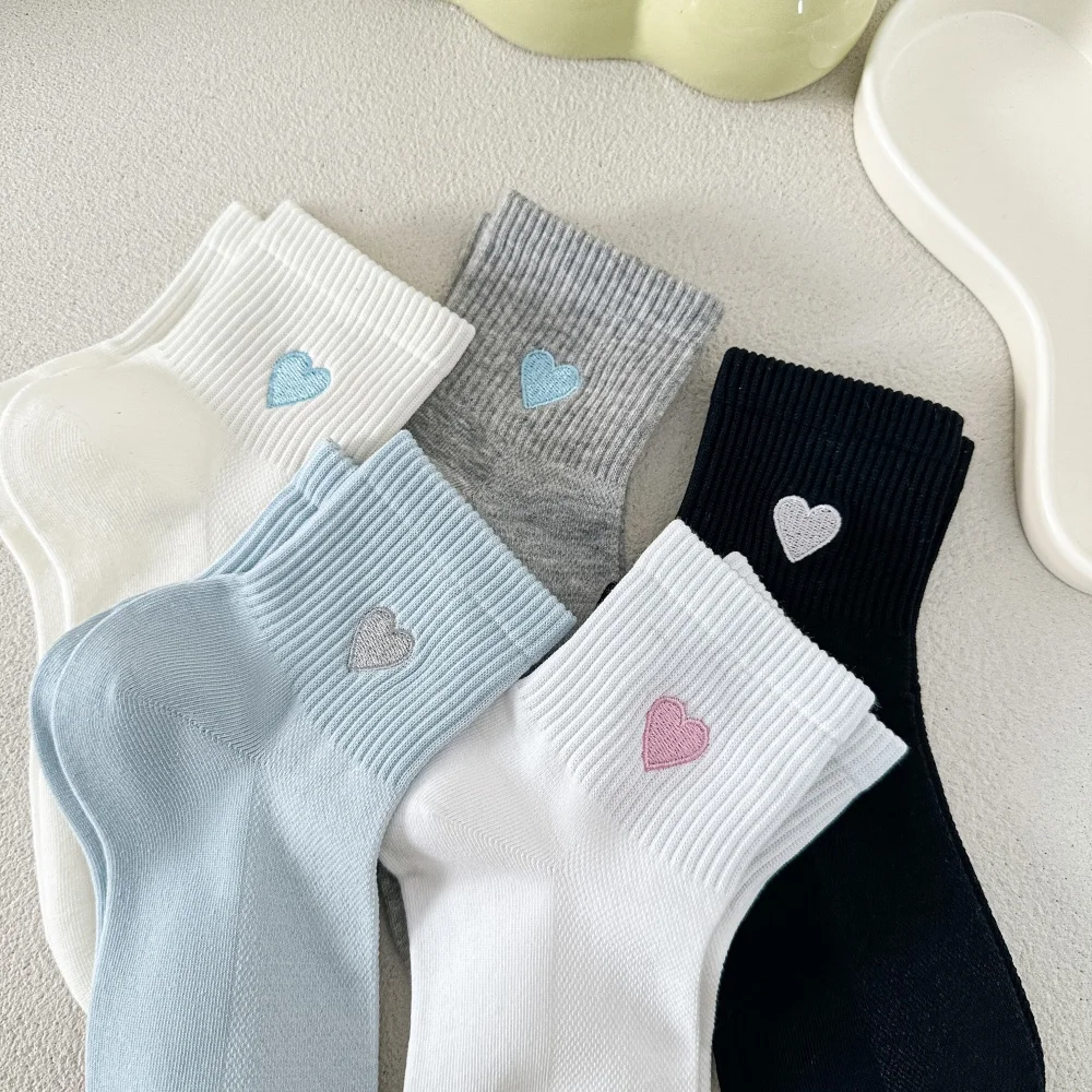 Breathable Mesh Heart Embroidery Cotton Socks White Spring Summer Thin Soft Sports Mid Tube Sokken