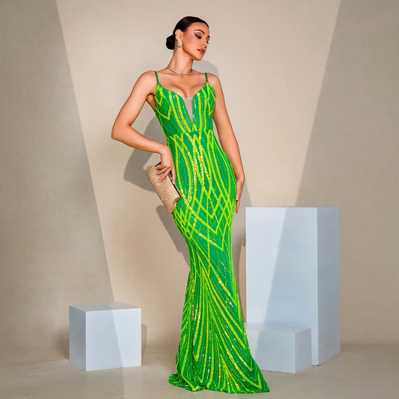 Elegant Sexy Women Spaghetti Strap Backless V Neck Green Sequined Sheath Cocktail Prom Evening Party Long Dress For Ladies