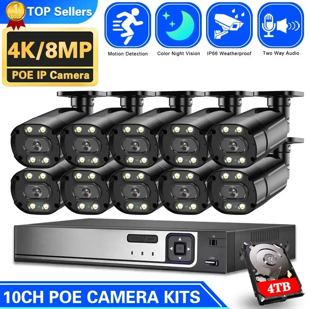 

4K Security Camera System H.265 10CH NVR PoE Smart 8MP Super Color Full Night Vision Audio Water Proof Camera Security System