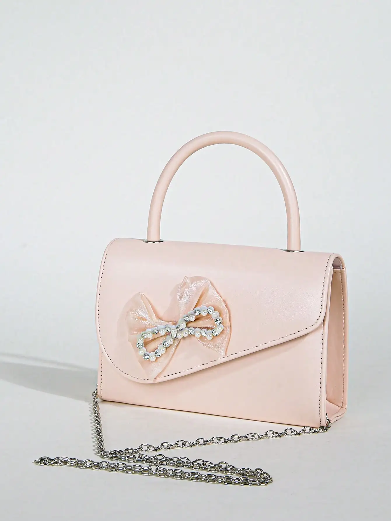 

1PC Pink Women's Solid Color Mini Square Satchel Evening Bag,Rhinestone Bowknot Handbag, Elegant Evening Bag