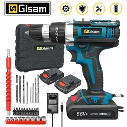 Gisam Cordless Impact Drill Electric Screwdriver Rechargeable Handheld Hammer Drill Power Tool 25+3 Torque Driver Li-ion Battery