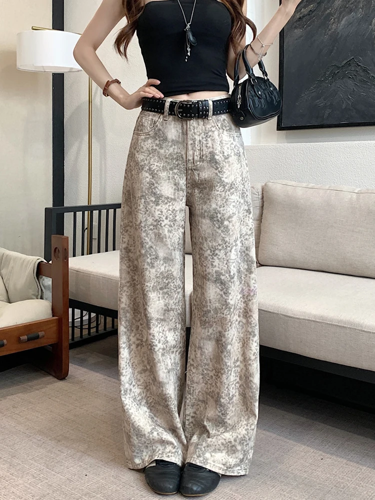 

American Retro Leopard Print Design Denim Pants Summer New Style Draped Straight Floor-Length Chic Women's Jeans High Waist W...