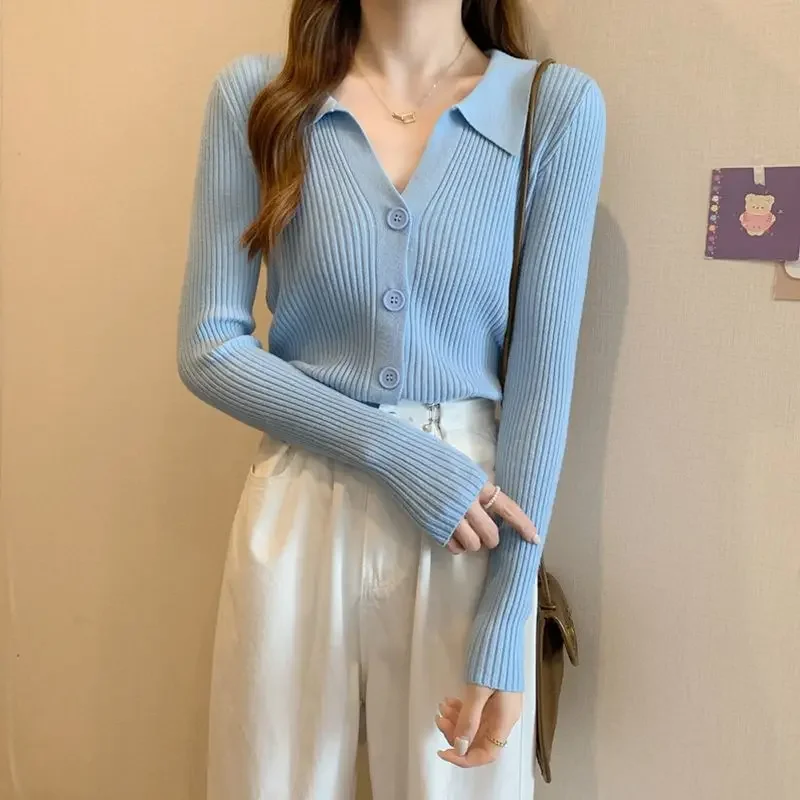 

Sweaters Women Cozy Preppy Style Slim Basic Spring Mujer All-match Ulzzang Solid Lady Korean Fashion Single Breasted Knitwear