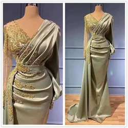 Customized Arab Dubai V-neck Mermaid Evening Dress Transparent Long Sleeve Satin Beaded Folded Formal Party Dress