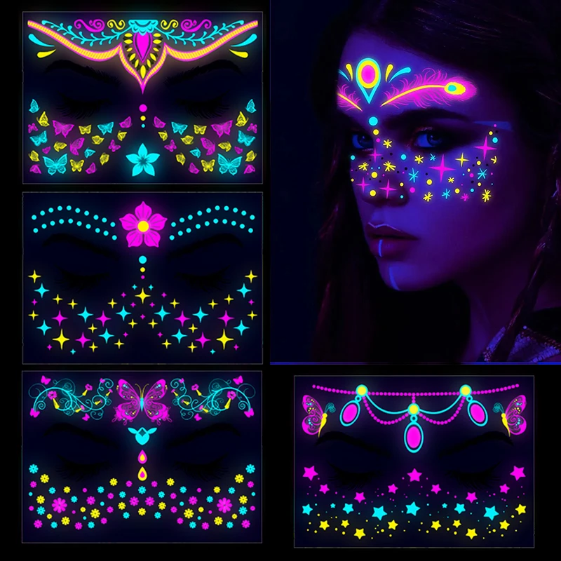 8pcs Neon UV Fluorescent Face Tattoo Stickers Waterproof Temporary Fake Tattoos Wedding Birthday Night Club Bar KTV Party Decor