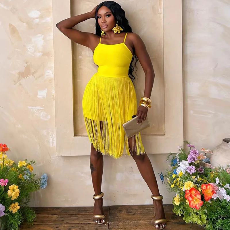 

Doyerl Solid Tassel Summer Rompers Woman Jumpsuit Shorts Spaghetti Strap Strapless High Waist Club Wear Party Playsuit Vacation