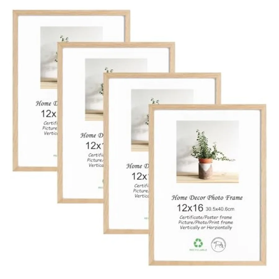 

12x16 Picture Frame 4 Pack Natural Solid Frame Gallery Poster Frame with Plexiglass, Vertical or Horizontal Wall Display for Ph