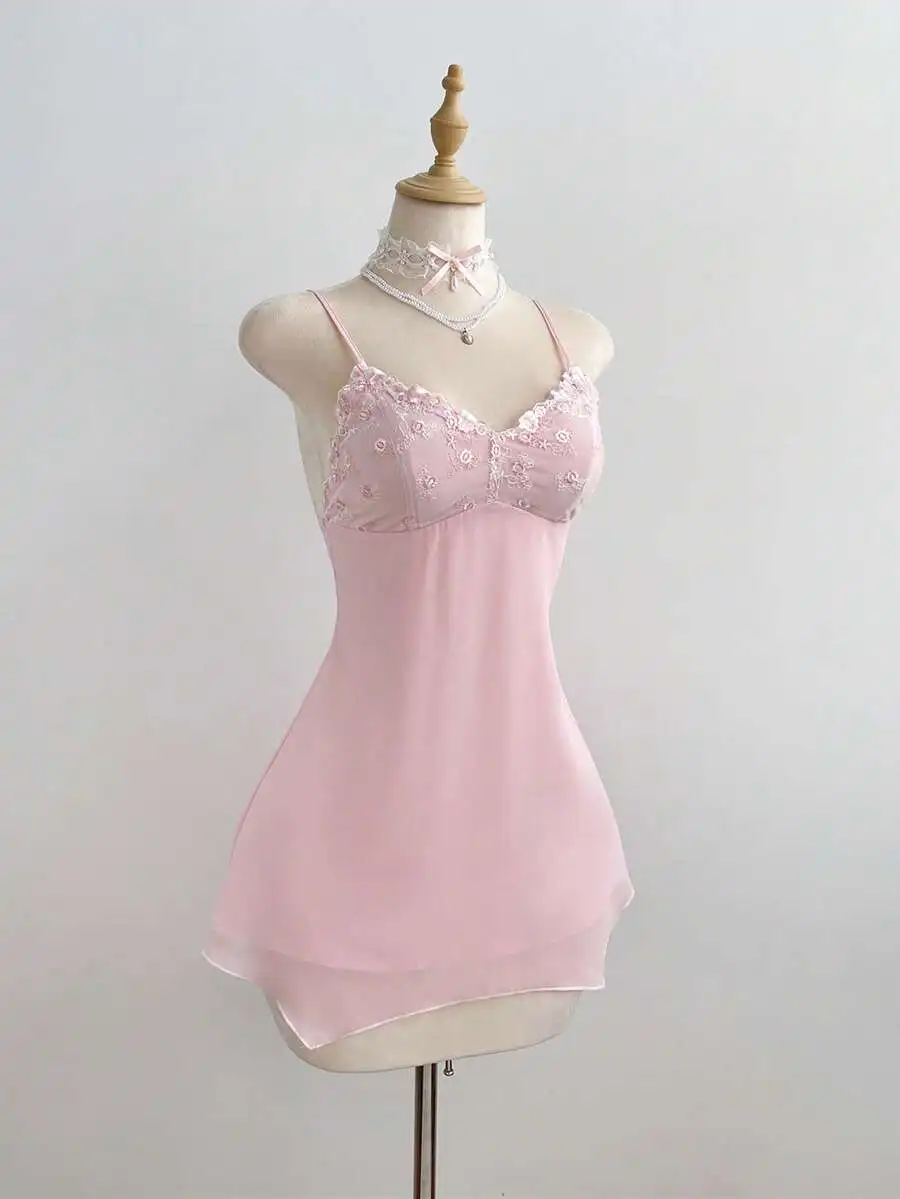 

Pink Chiffon Embroidered Floral Lace V-Neck Sleeveless A-Line Mini Dress Sweet Vintage Casual Summer