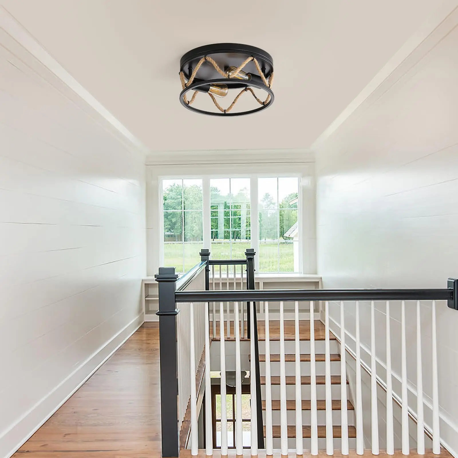 Retro Ceiling Light Black Ceiling Lamp 2-Light Living Hemp Rope Ceiling Light Fixture For Room Dining Room Loft Hallway Loft