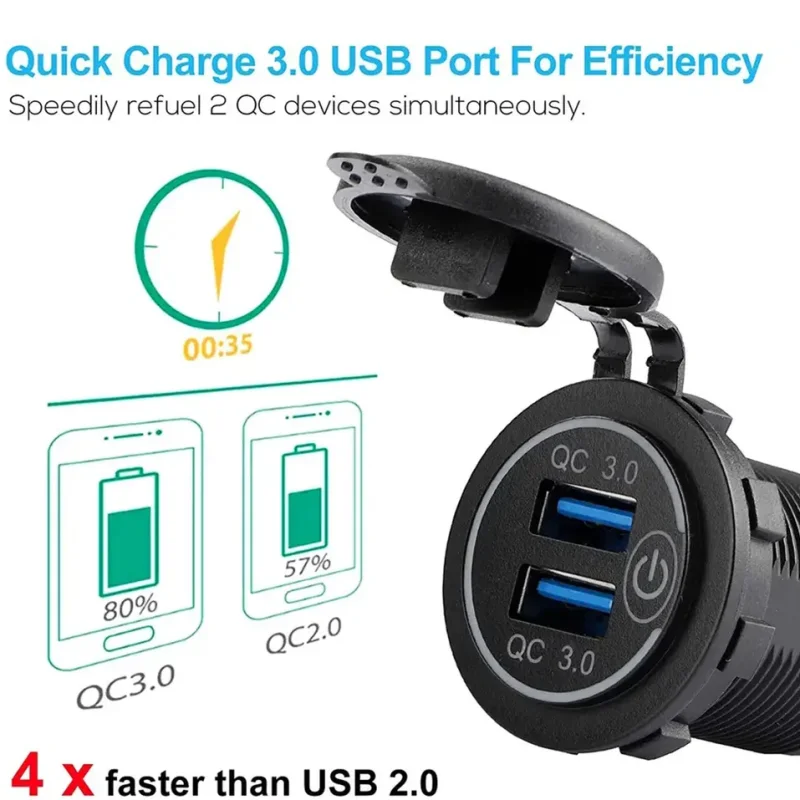 Adaptador de enchufe para encendedor de cigarrillos de coche 2 en 1 con puertos USB duales QC 3,0 y interruptor táctil de 12V y 24V