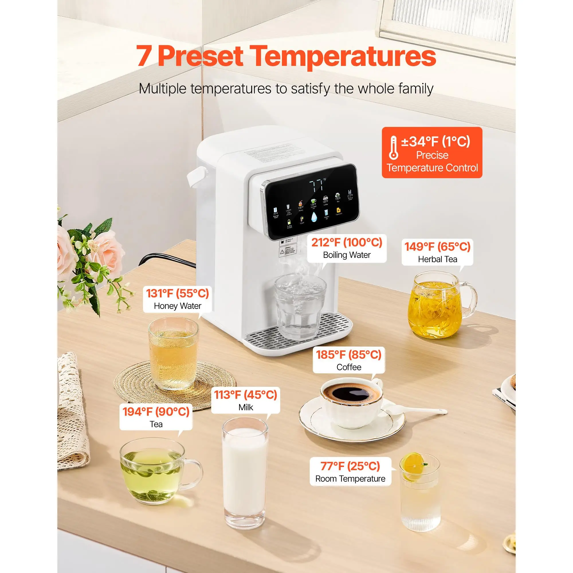 Instant Hot Water Dispenser Countertop Boiling Water Dispenser with 7 Adjustable Temperatures and 7 Water Volumes 118oz Removable Water Tank Quick Heating Touchscreen Child Lock for home