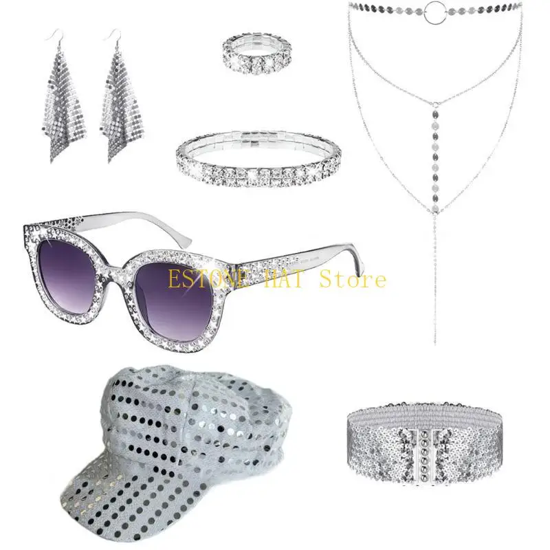 

49MF Аксессуары для дискотек Солнцезащитные очки Шапки с блестками Серьги Ожерелье Браслеты Набор колец