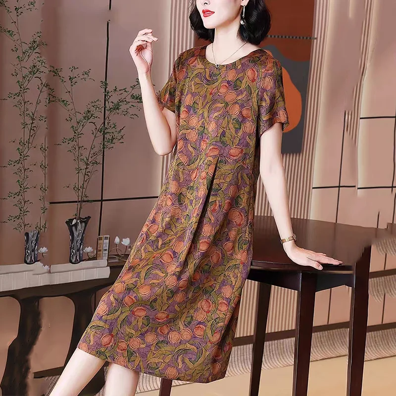 Mulberry Silk Fragrant Cloud Yarn Summer Female Clothing Round Neck Vintage Printing Loose Short Sleeve Pleated Midi Dresses