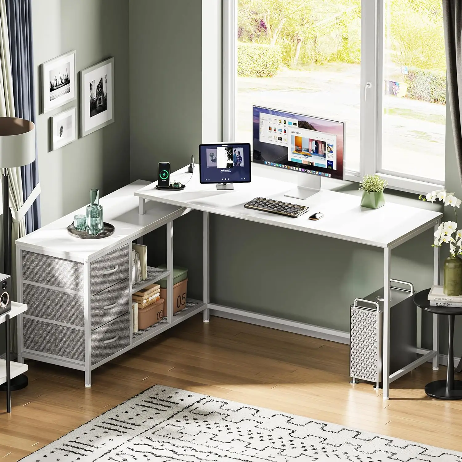 63 Inch L Shaped Desk with Power Outlets, Computer Desk with Drawers, White