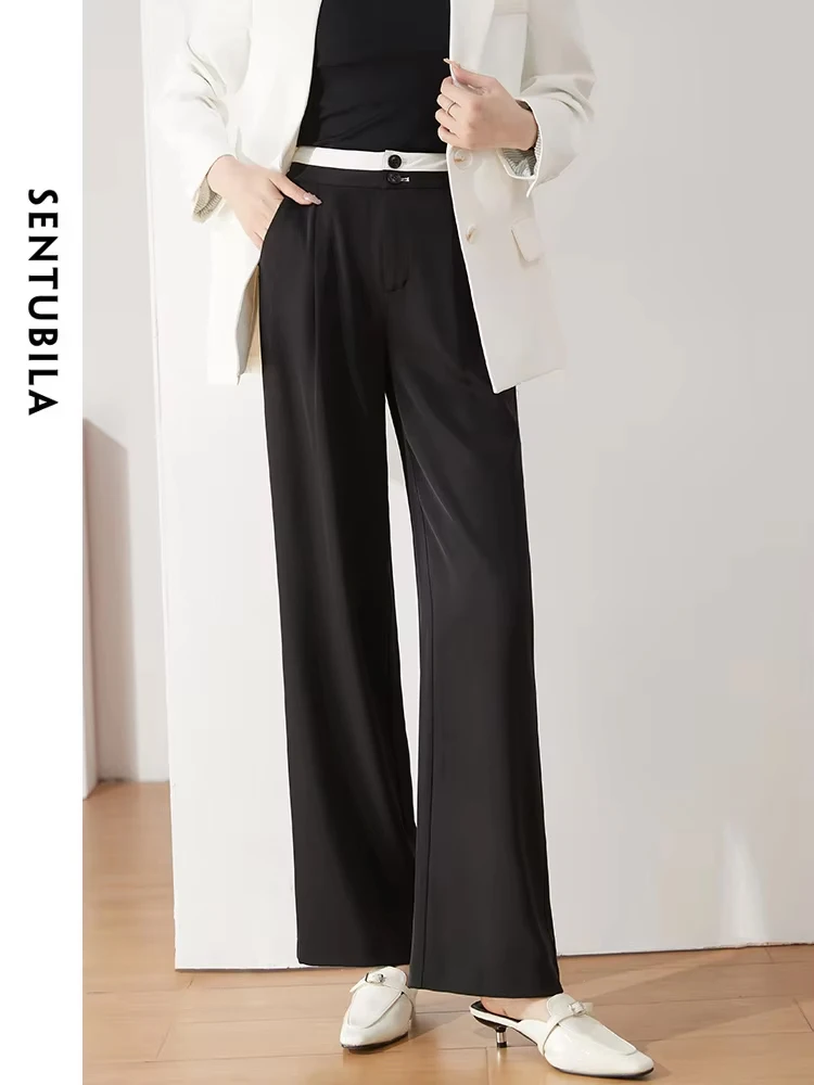 SENTUBILA Contrast Black Dress Pants for Women 2024 Autumn High Waist Straight-cut Wide Leg Twill Pants Office Ladies Trousers