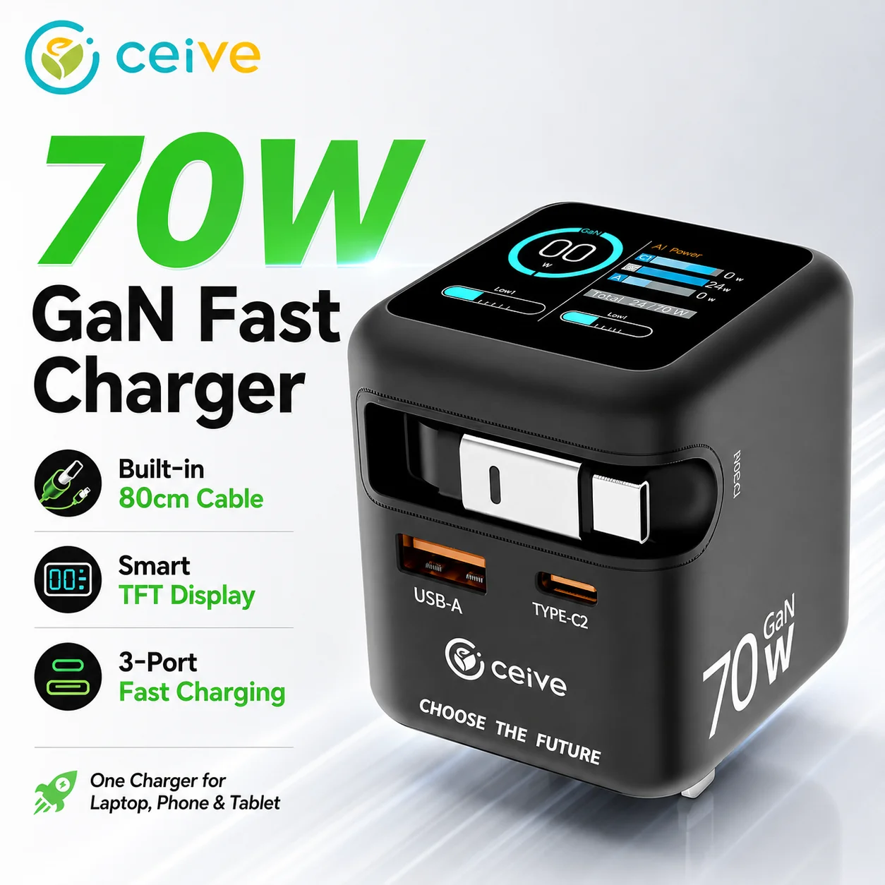 70W GaN USB C Charger with Built-in Retractable Cable Smart Display PD Fast Charger Adapter for Laptop iPhone Samsung Travel