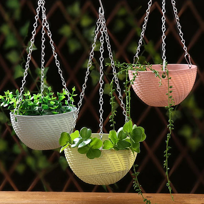 Balcony Chain Hanging Planters Flower Pot Basket Imitation Rattan Weaving