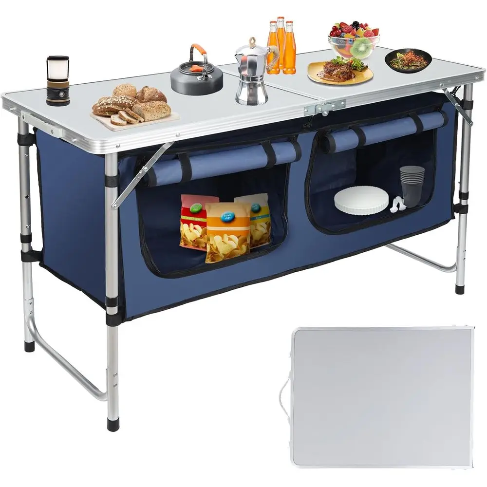 

Portable Outdoor Camping Table with Storage, Lightweight Composite Panel, 3-Height Adjustable, Ideal for BBQ, Party, Picnic, Hik