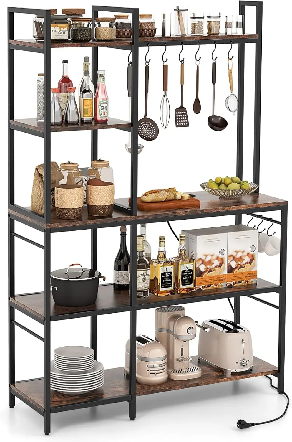 ชั้นวางของสำหรับทำขนมพร้อมปลั๊กไฟ, โต๊ะบาร์กาแฟ 5 ชั้น พร้อมตะขอรูปตัว S 10 อัน, ชั้นวางไมโครเวฟขนาดใหญ่ 63 ซม., สำหรับห้องครัว