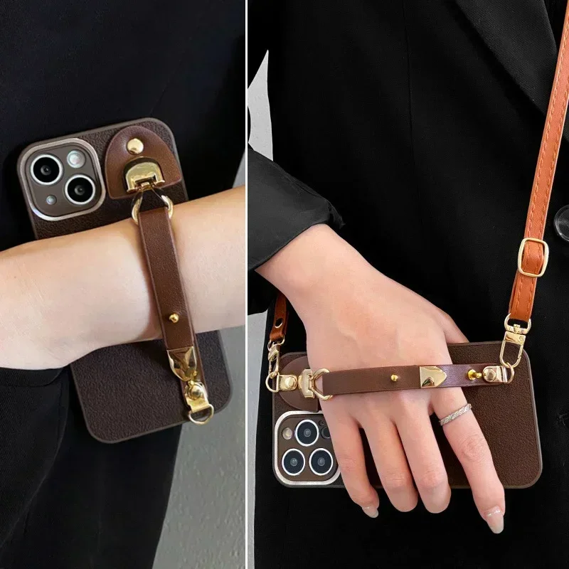 

Leather pattern crossbody lanyard case for Samsung S24 plus S23 S22 Plus Ultra Neck wrist strap shockproof phone cover