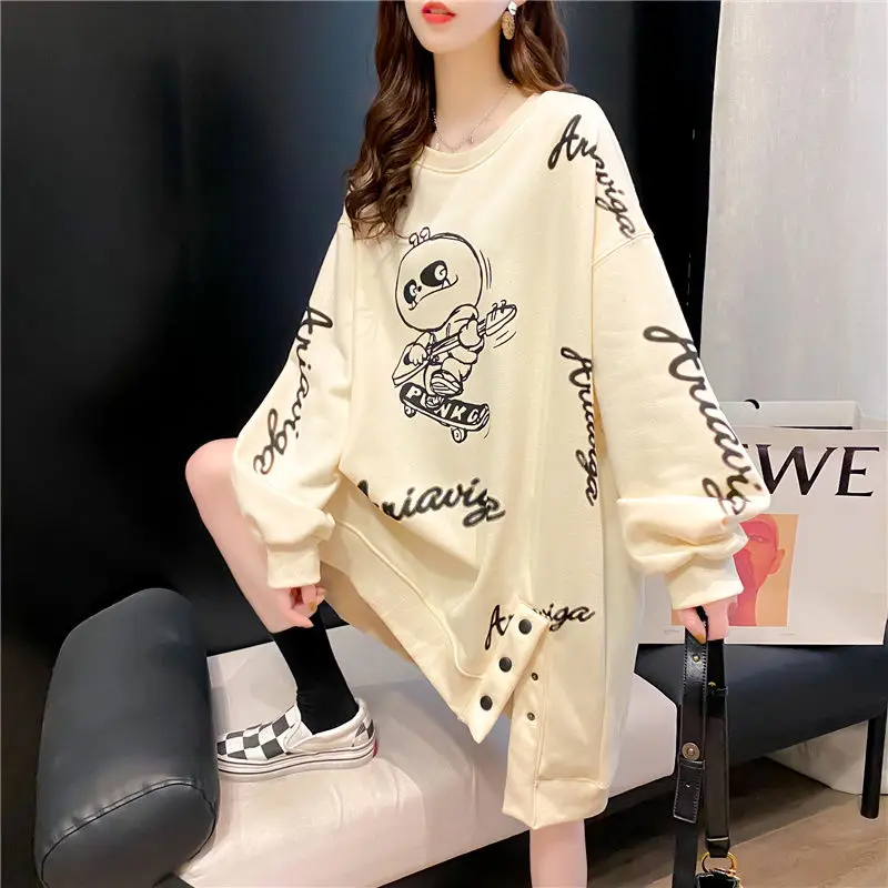 Hikigawa 2023 Autumn Vintage Cartoon Print Tops Women Loose Casual Long Sleeve O Neck Hoodies Streetwear All Match Sweatshirts