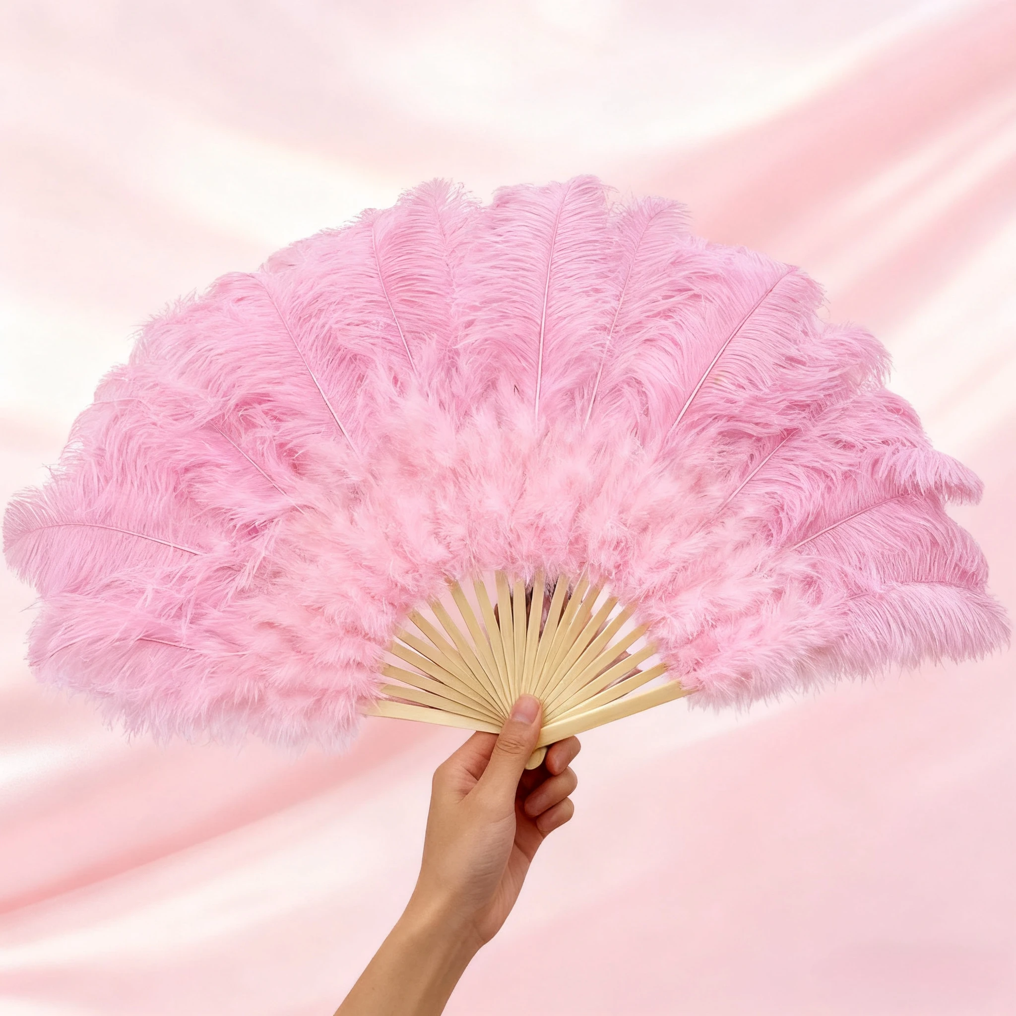

Natural Pink Ostrich Feather Fan Foldable Handheld Feather Fan Decoration Halloween Party Belly Dance Craft Accessories