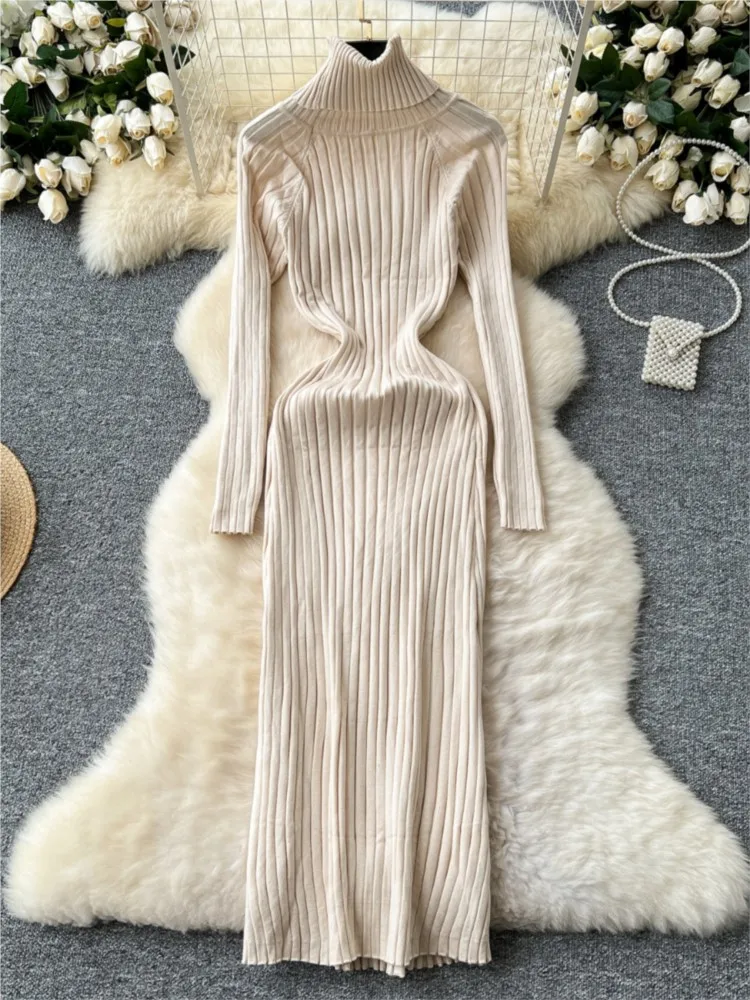 Autumn Solid Knitted Dresses for Women Elegant Turtleneck Bodycon Party Dress Female Casual Slim Party Prom Vestidos Mujer New