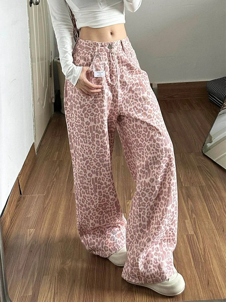 Pink Leopard Y2 Jeans Women Vintage American Streetwear Hip Hop Harajuku Denim Pant High Waist Retro Fall Winter Female Trousers