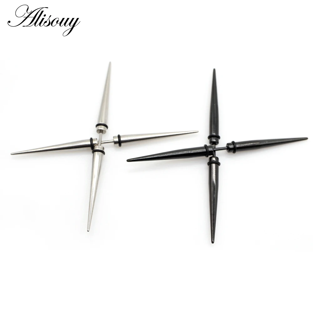 Alisouy 2Pieces Unisex Stud Earrings Hiphop Punk Spike Cone Stainless Steel Dumbbell Barbell Ear For Men Women Piercing Jewelry
