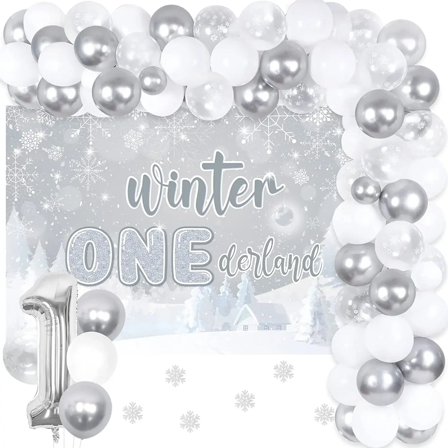 Funmemoir Winter Onederland 1st Birthday Decorations White Silver Snowflake Backdrop Balloon Garland Baby First Birthday Party