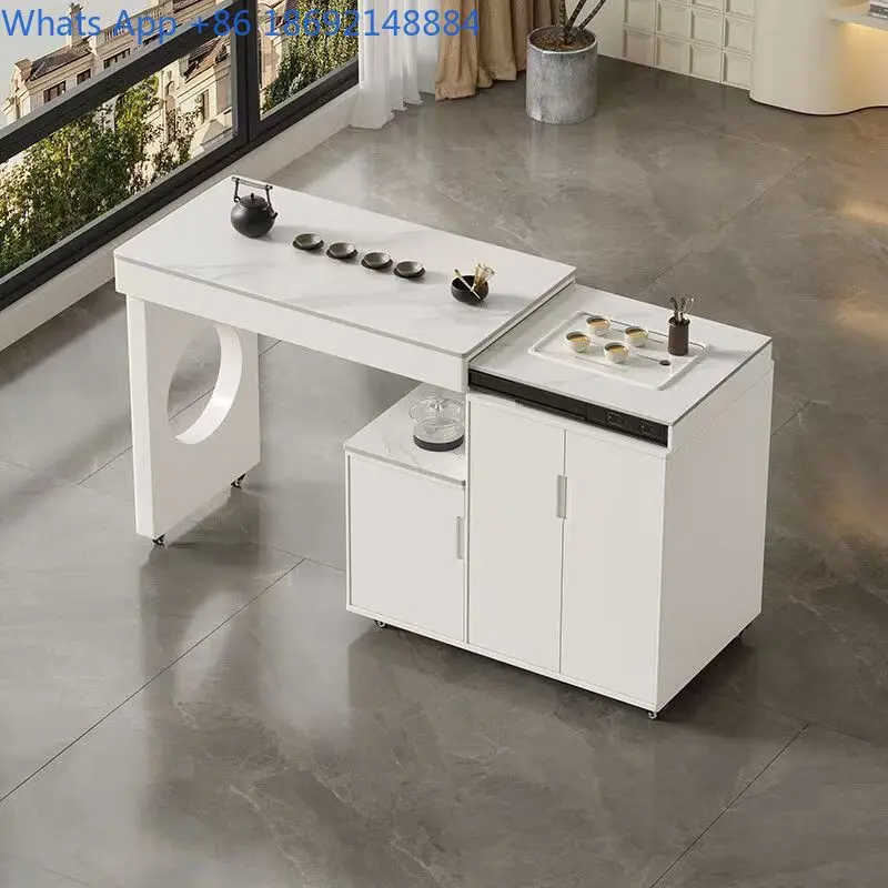 Portable Expandable Rotating Tea Cart with Luxury Kettle Integrated Balcony Home Compact Marble Tea Table Chair Set