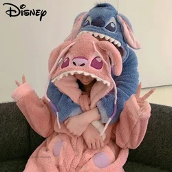 Disney Stitch Angel Hooded Pajamas Y2k Couple Kawaii Coral Fleece Home Clothes Set Women Winter Warm Plush Sleepwear Suit Female