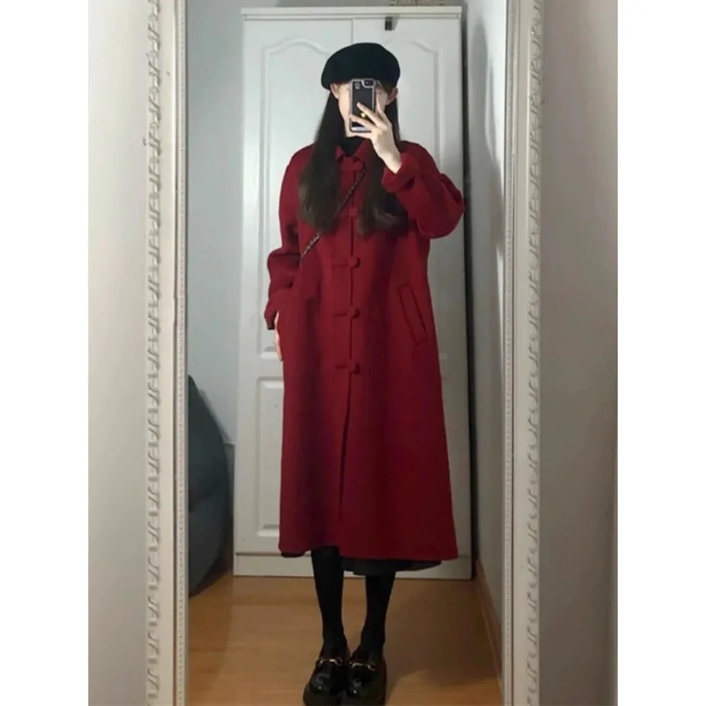 

Простое красное и хлопковое шерстяное пальто, женская осенне-зимняя одежда, высококачественное шерстяное пальто средней длины, плотное пальто