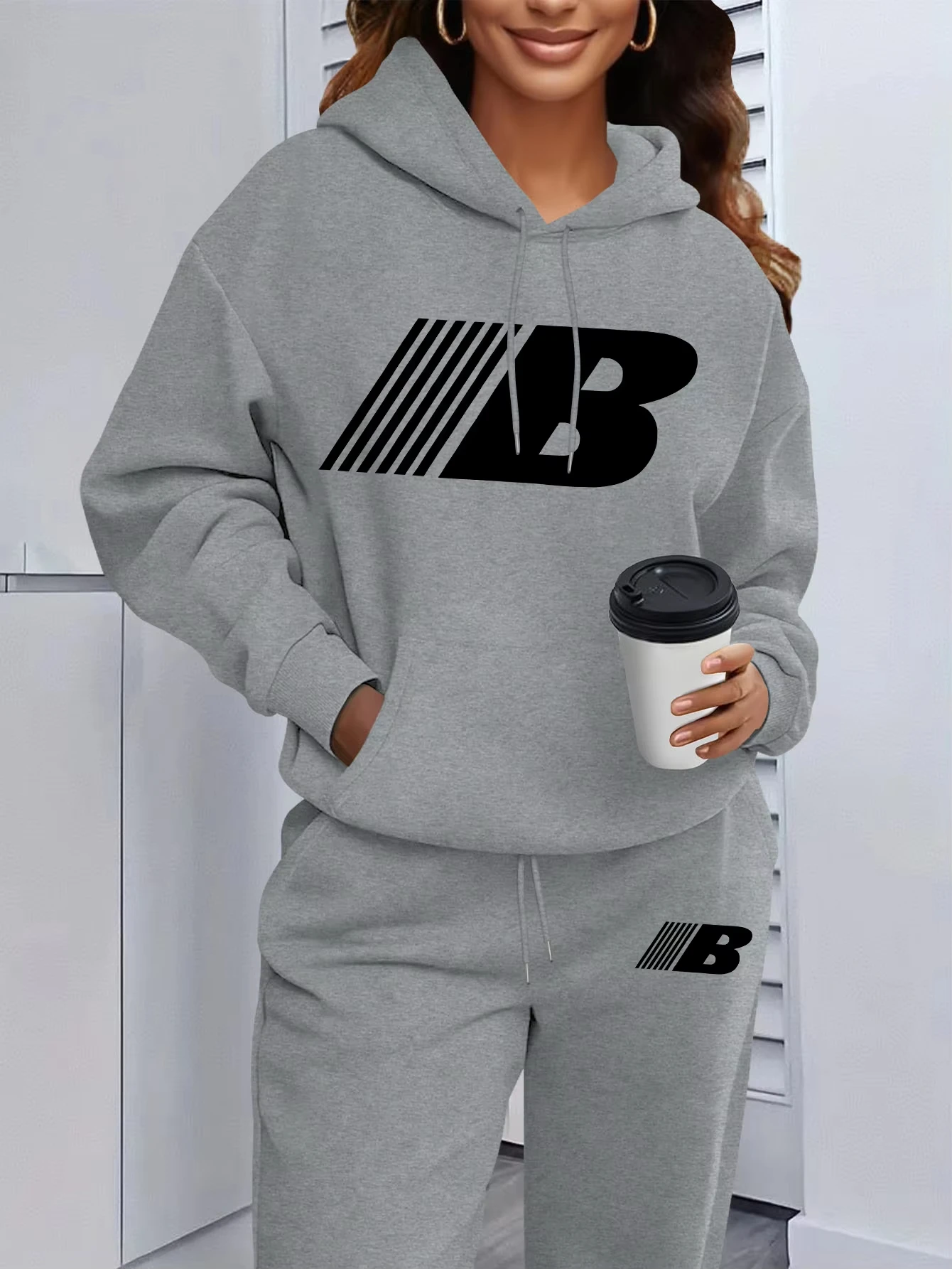 Unisex Minimal Printed Hoodie &Jogger Pants 2 Piece Set Soft Stretchy Fabric Casual Streetwear Tracksuit Loose Loungewear Outfit