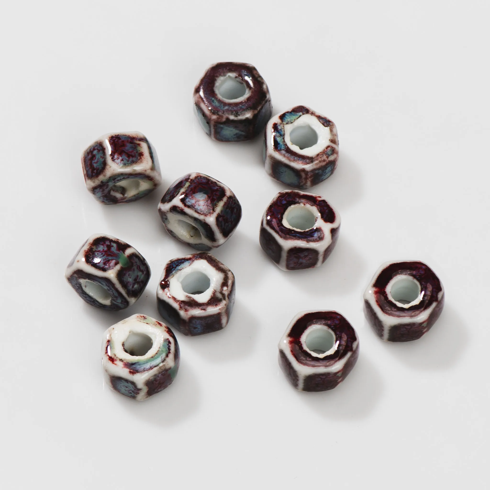 High-Temperature Hexagonal Ceramic Beads with 5mm Large Hole, Handcrafted for DIY Jewelry and Crafts