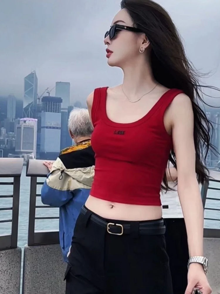 

Hong Kong Style Sweet Spicy Sleeveless Sport Vest Women's Outerwear Summer Elegant Slimming Red U-neck Strap Top