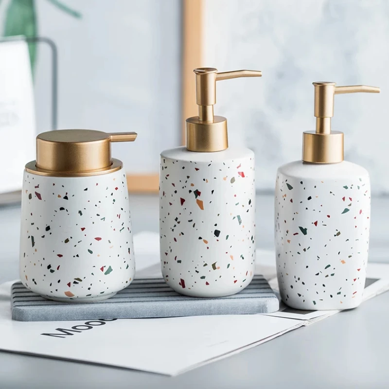 Botella portátil para lavar a mano, diseño de patrón de terrazo para uso en el baño, dispensador de loción y contenedor de jabón para una organización elegante