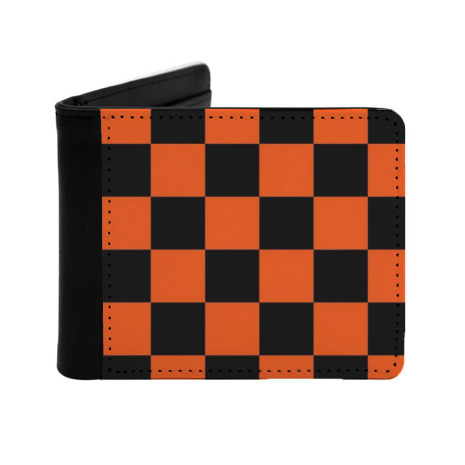 

Black And Orange Checkerboard Pattern Short Men's Wallet Multifunction Purse Male Pu Leather Wallet Black Orange Black And