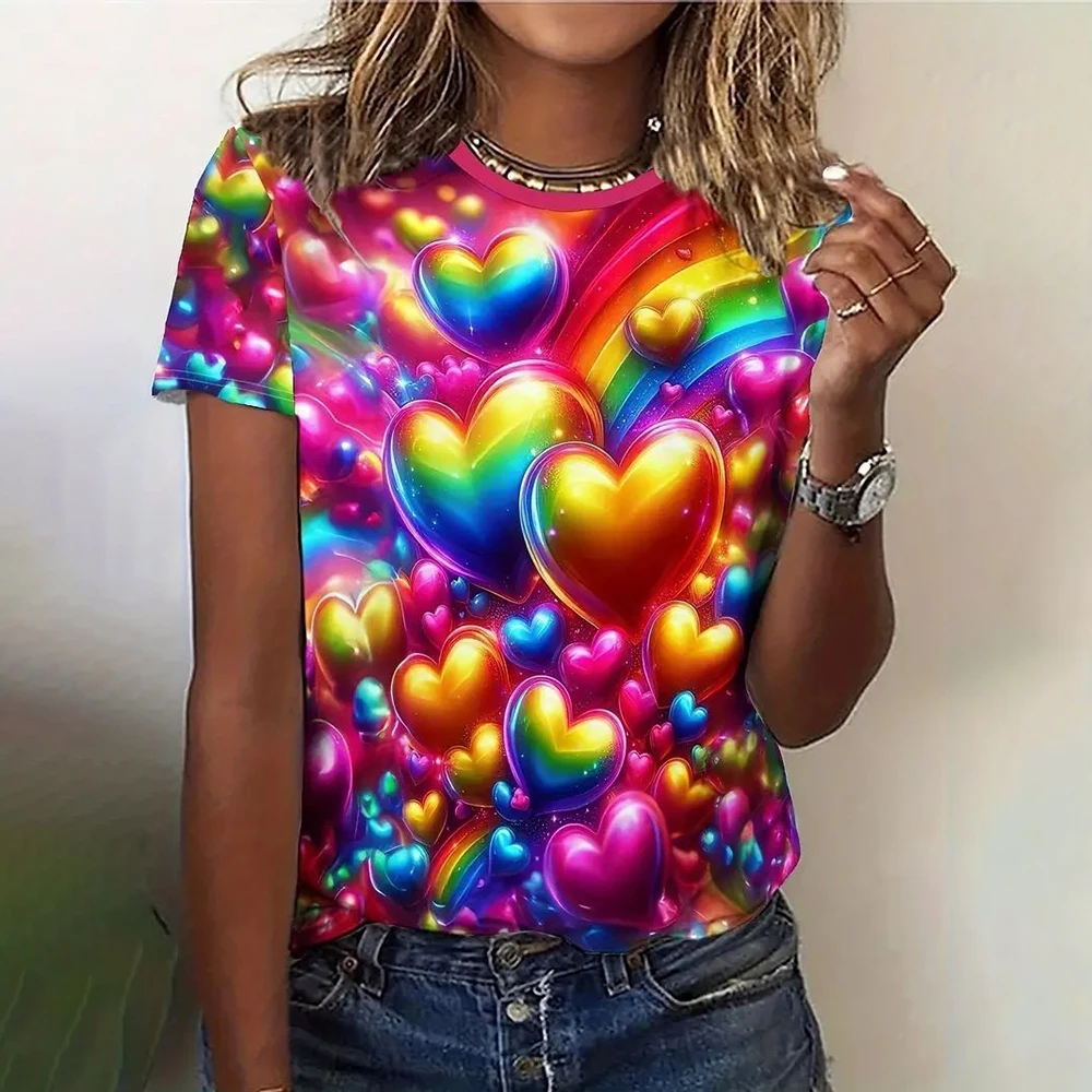 Camiseta con estampado 3d de amor para mujer, camisa holgada informal de cuello redondo, Tops de manga corta de gran tamaño, ropa de diseño de verano