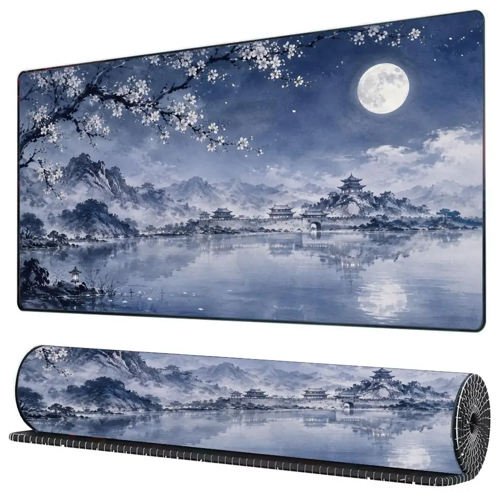 Oriental Ink Art Plum Flower Moonlit Mountain River View Anti-Slip Extended Rubber Gaming Keyboard Mouse Pad