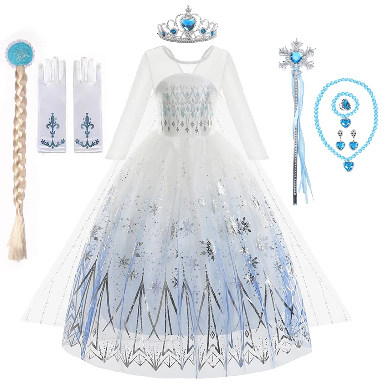 Schneekönigin Elsa Prinzessin Kleid für Mädchen Cosplay weiß langärmeliges Spitzenkleid Party Frozen Pailletten Kleid Kleid Ball Robe Kleid