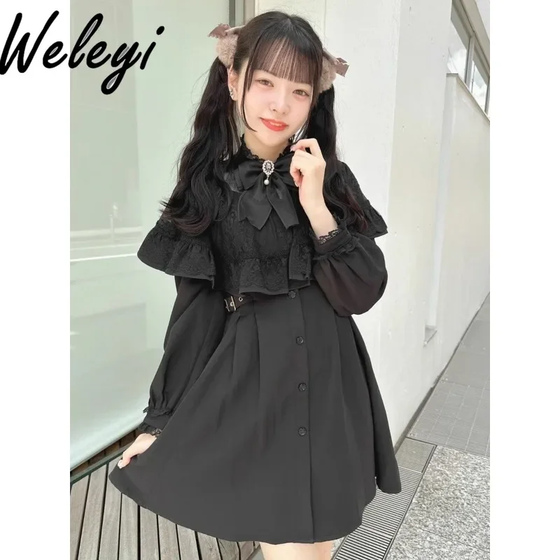 

Autumn Black Japanese Lolita Dress Kawaii Ropa Mujer Fashion Sukienka Mine Series Mass Produced Cape Shawl Long Sleeved Dresses