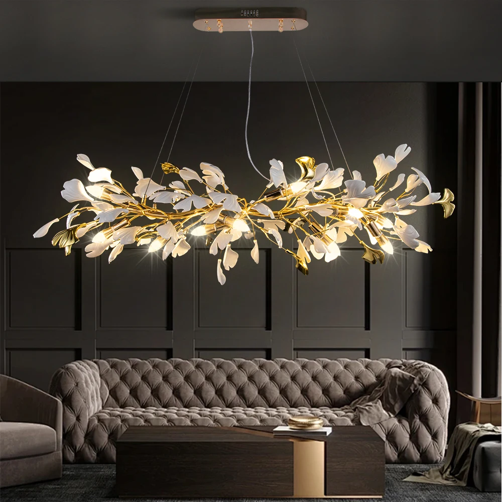 2024 New Porcelain Leaves Chandelier Living Room Hotel Iron Art Decor Nordic Long Lighting Fixtures E14 Golden Hanging Lamp