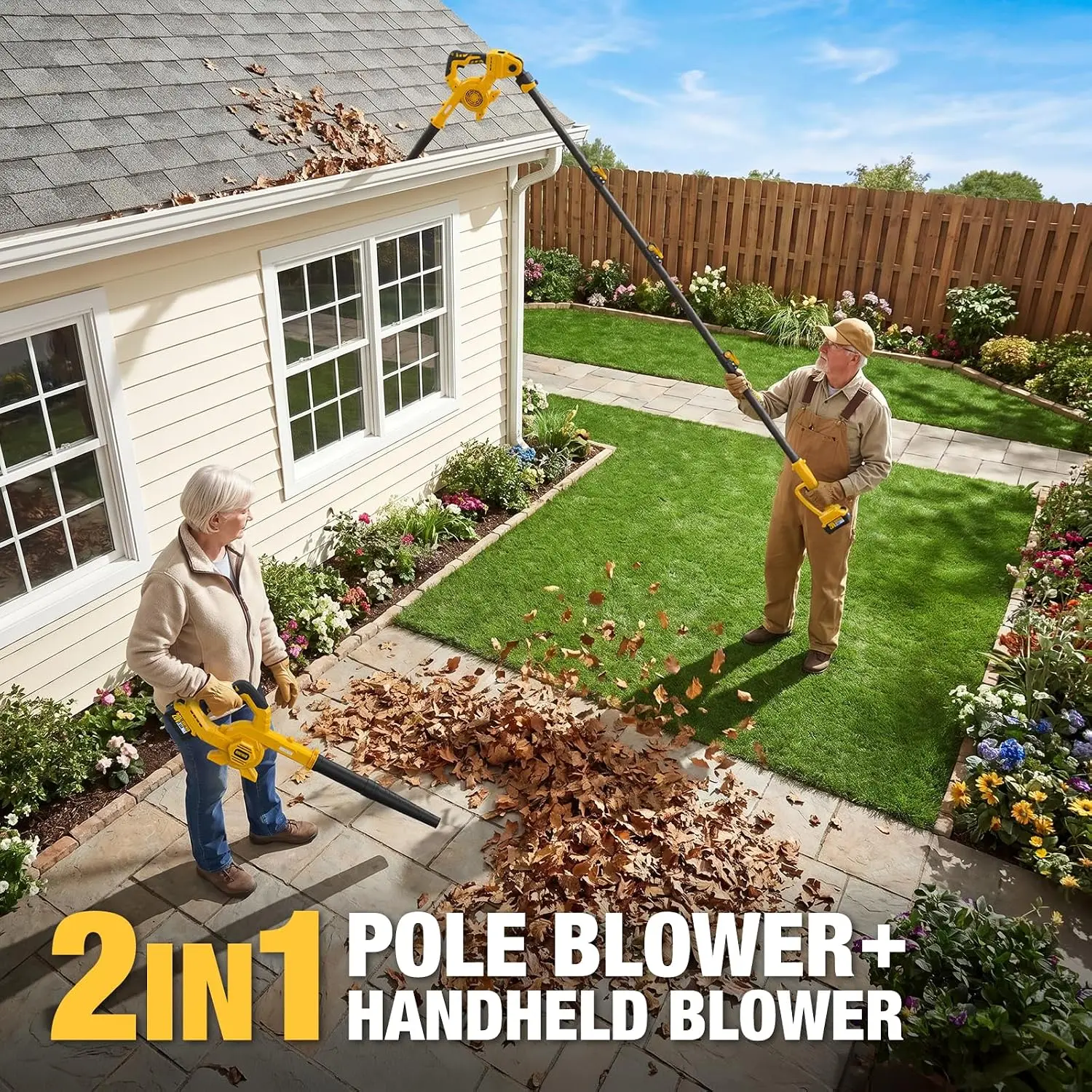 Cordless 2-in-1 Pole Leaf Blower Kit, Two 4.0Ah Batteries Included, Designed for Gutter Cleaning