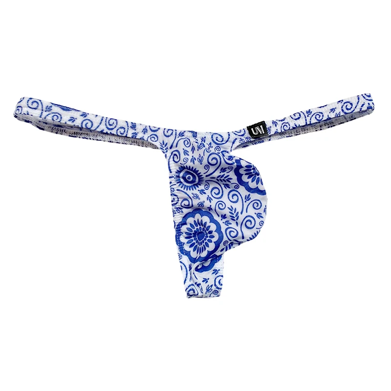 Sexy Floral Ice Silk Male Thong Low Rise Soft Thin Breathable Convex Pouch T-Back Men Intimate Lingerie