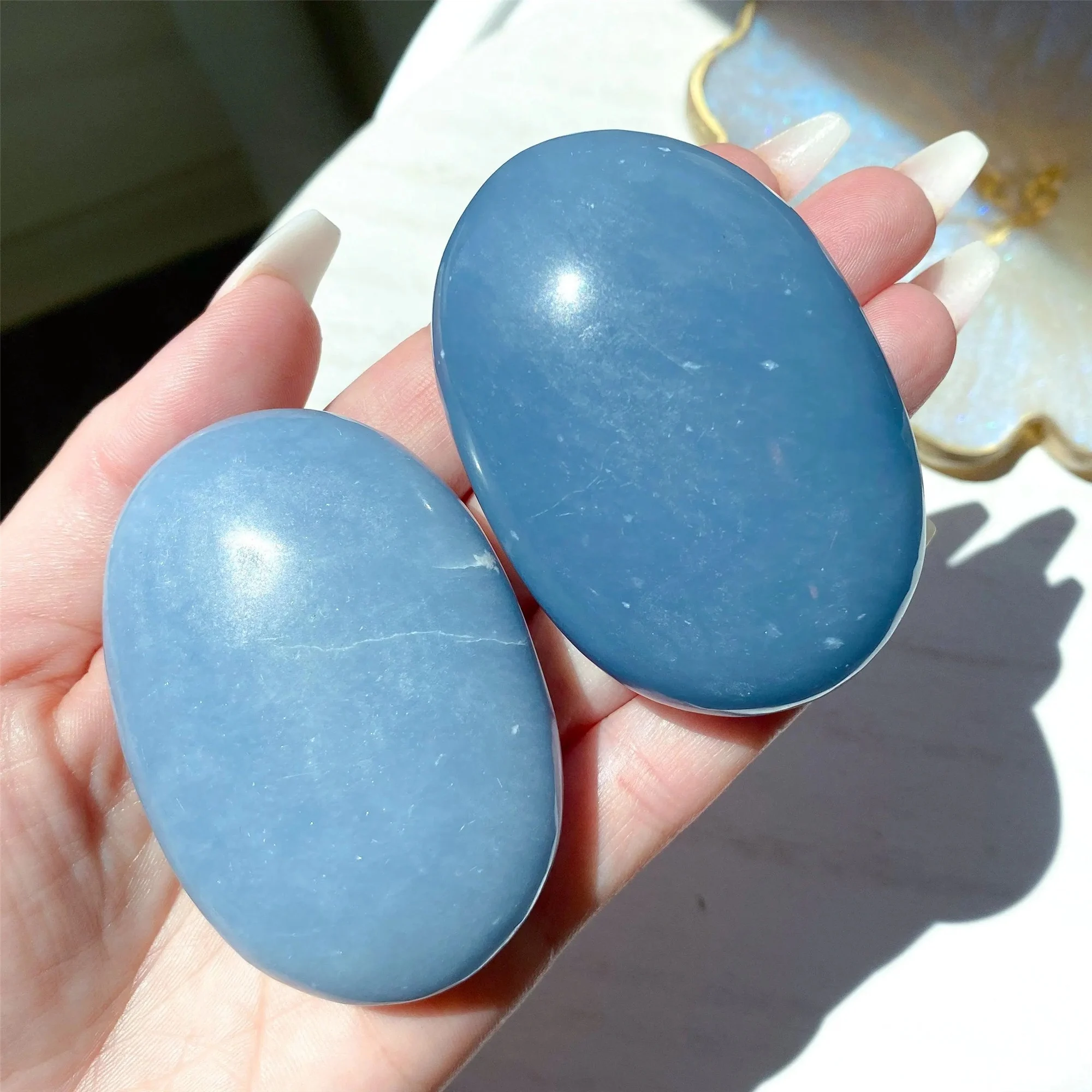 1pc Angelite Palm Stone - a Distinctive High-Quality Rough Blue Angelite - Home Decor Collection, Unique Gift for Collectors