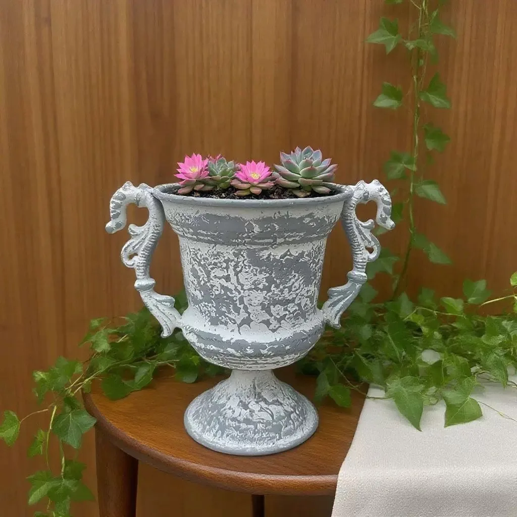 French Style Distressed Gray Cast Iron Urn Planter with Seahorse Handles, Decorative Trophy Vase for Succulents, 18cm Height